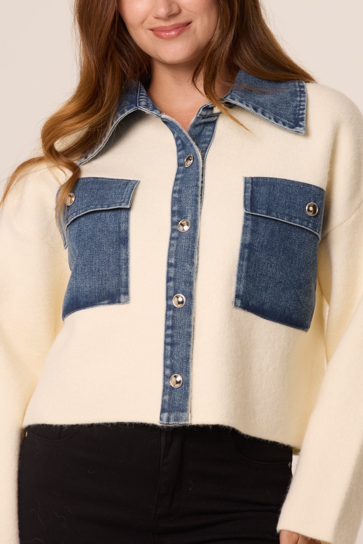 Jumper with Denim Collar and Front Pockets
