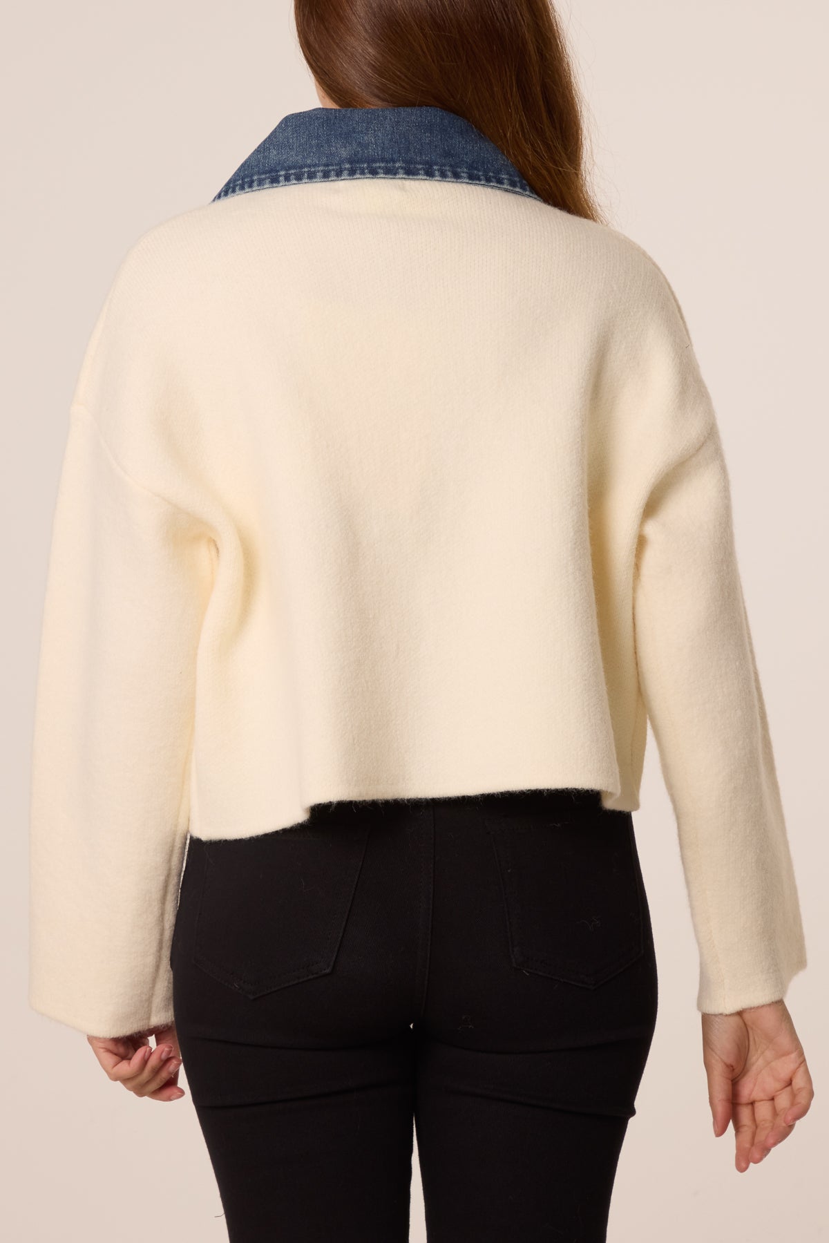 Jumper with Denim Collar and Front Pockets