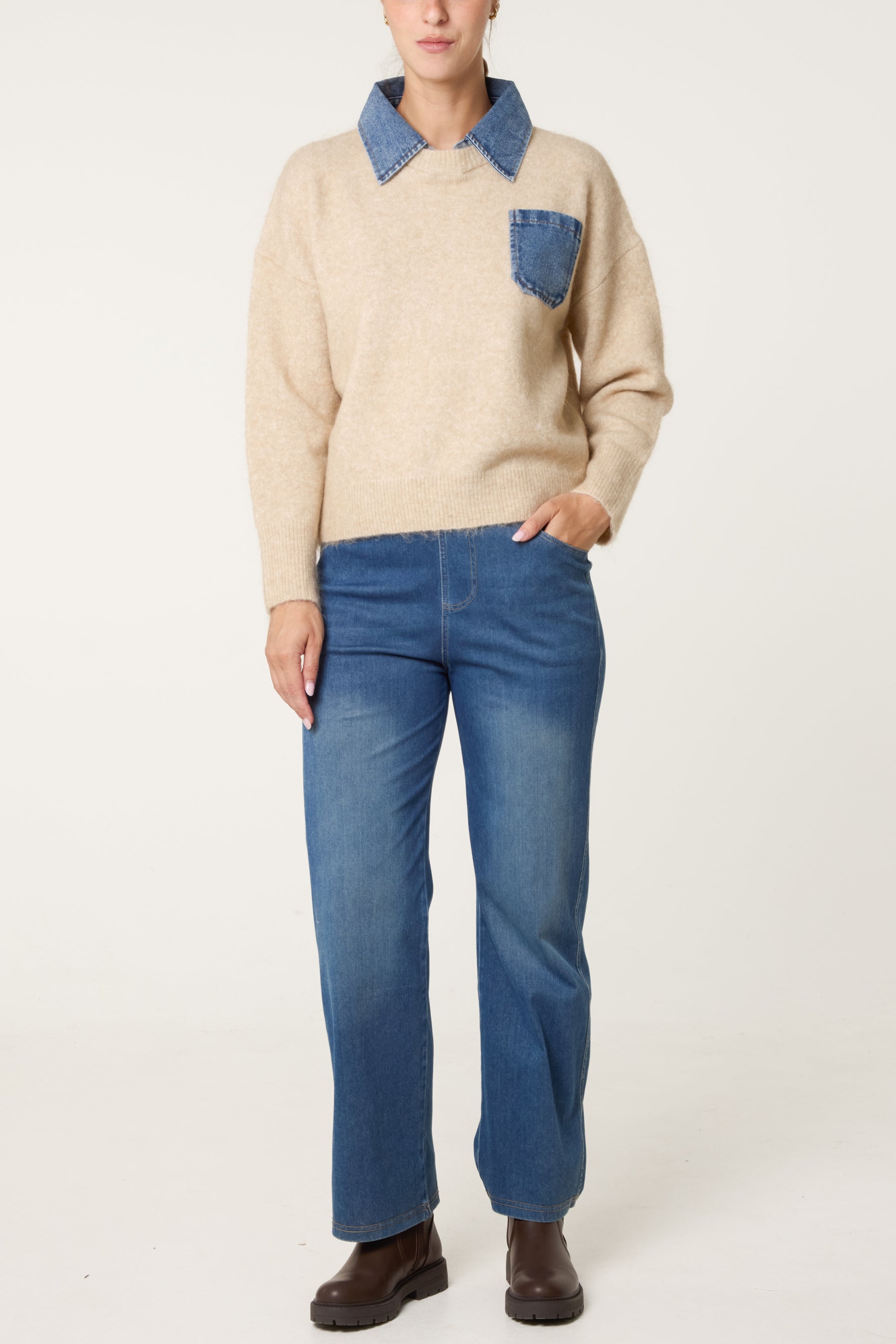 Front Pocket Denim Collar Jumper