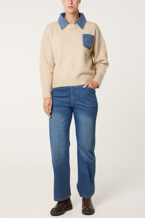 Front Pocket Denim Collar Jumper