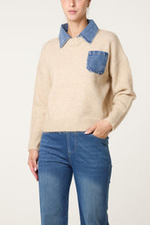Front Pocket Denim Collar Jumper