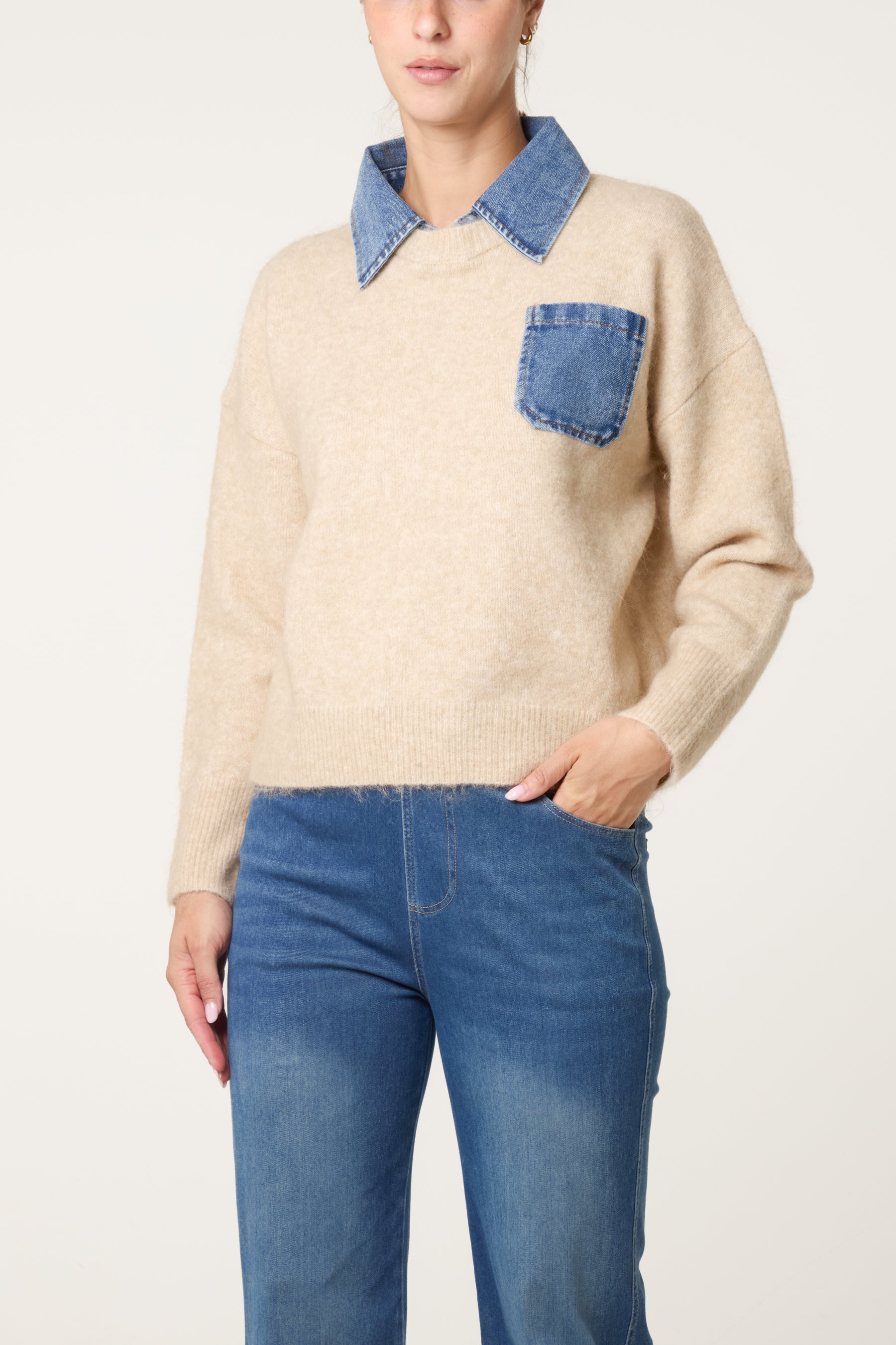 Front Pocket Denim Collar Jumper