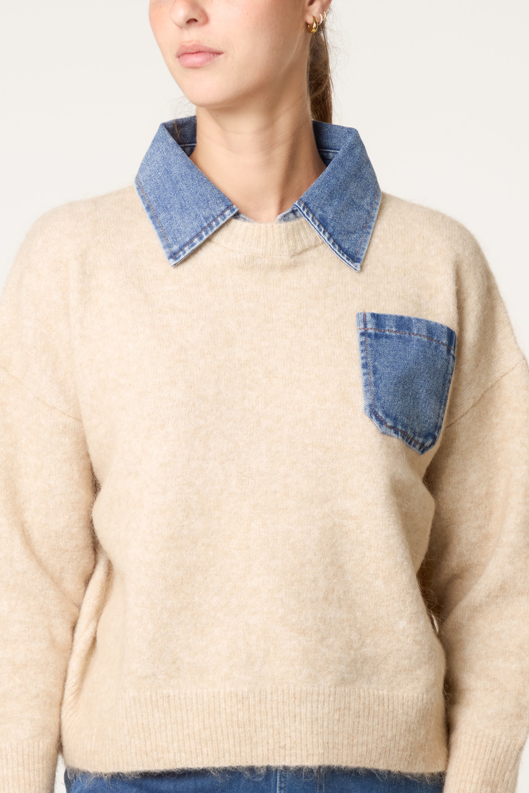 Front Pocket Denim Collar Jumper