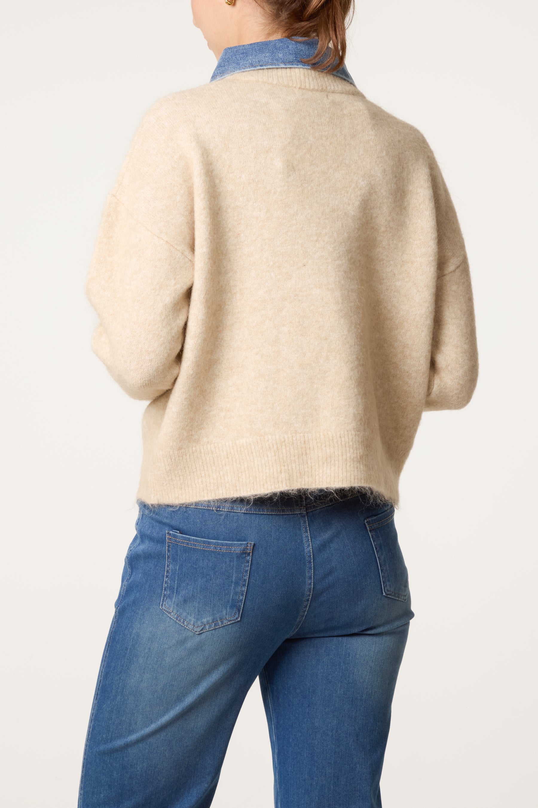 Front Pocket Denim Collar Jumper