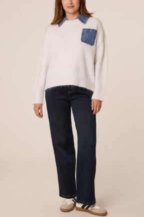 Front Pocket Denim Collar Jumper