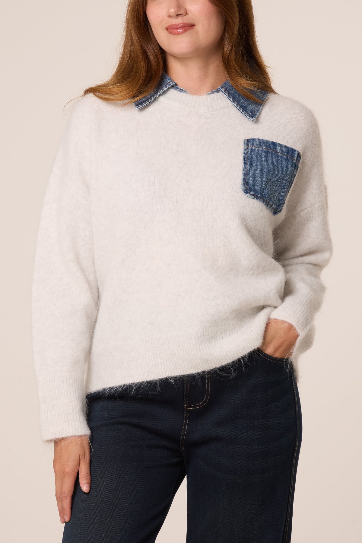 Front Pocket Denim Collar Jumper