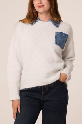 Front Pocket Denim Collar Jumper