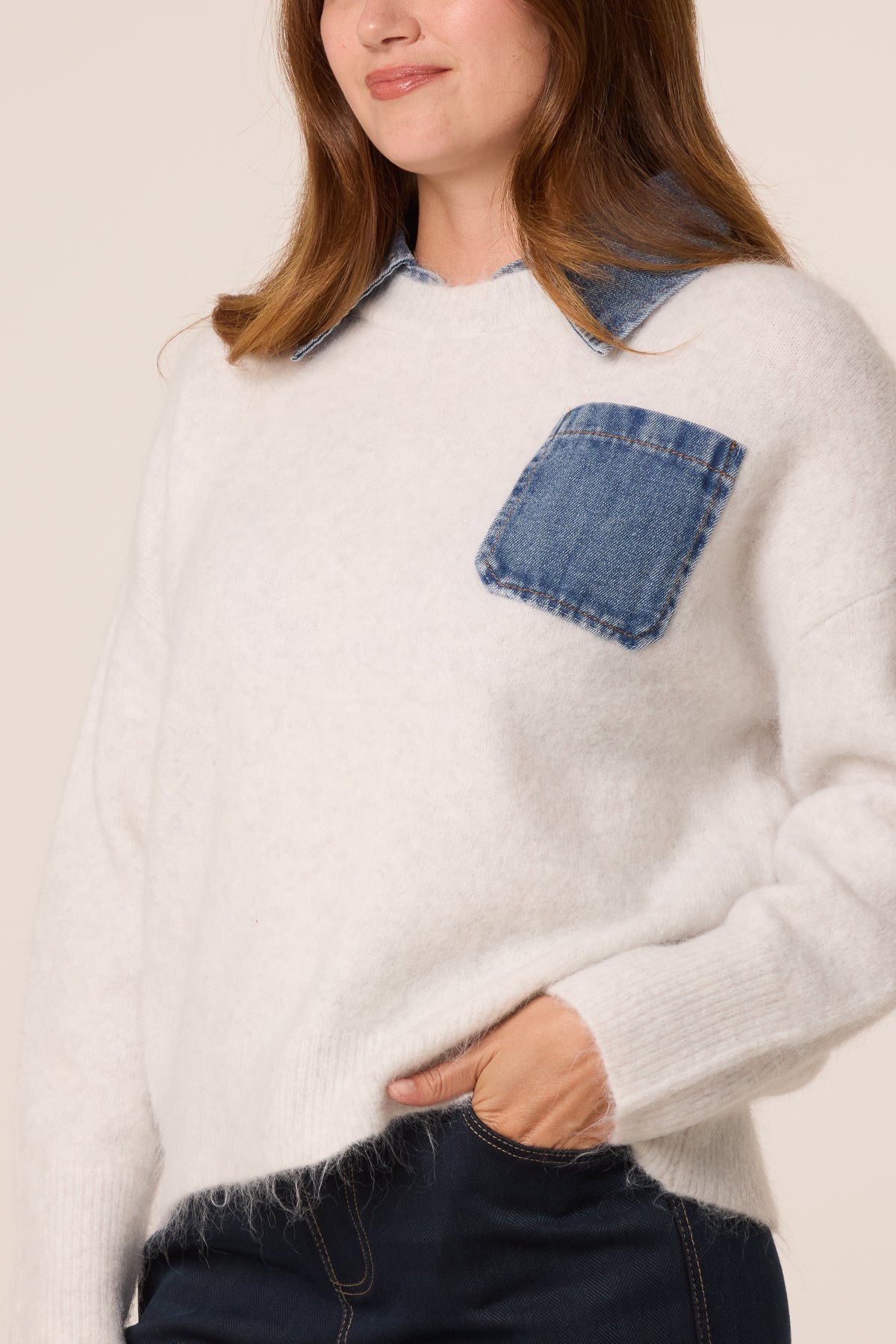 Front Pocket Denim Collar Jumper