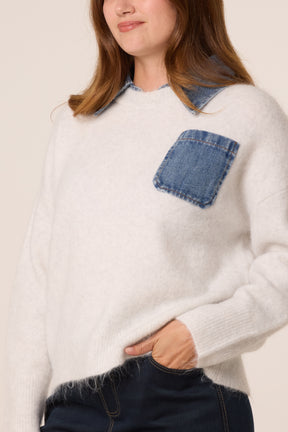 Front Pocket Denim Collar Jumper