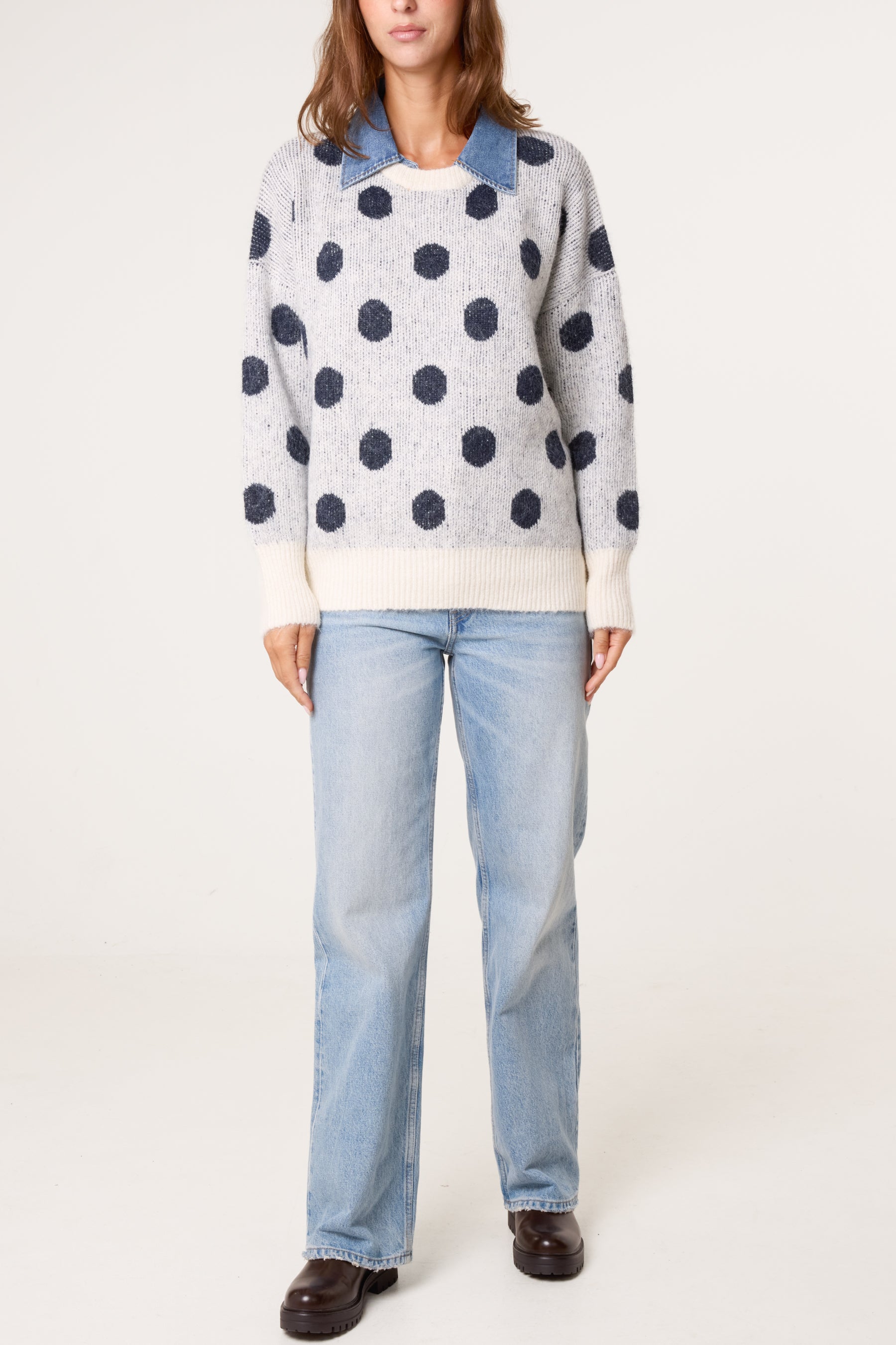 Polka Dot Denim Detail Knit Jumper
