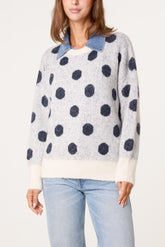 Polka Dot Denim Detail Knit Jumper