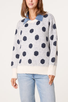 Polka Dot Denim Detail Knit Jumper