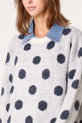 Polka Dot Denim Detail Knit Jumper