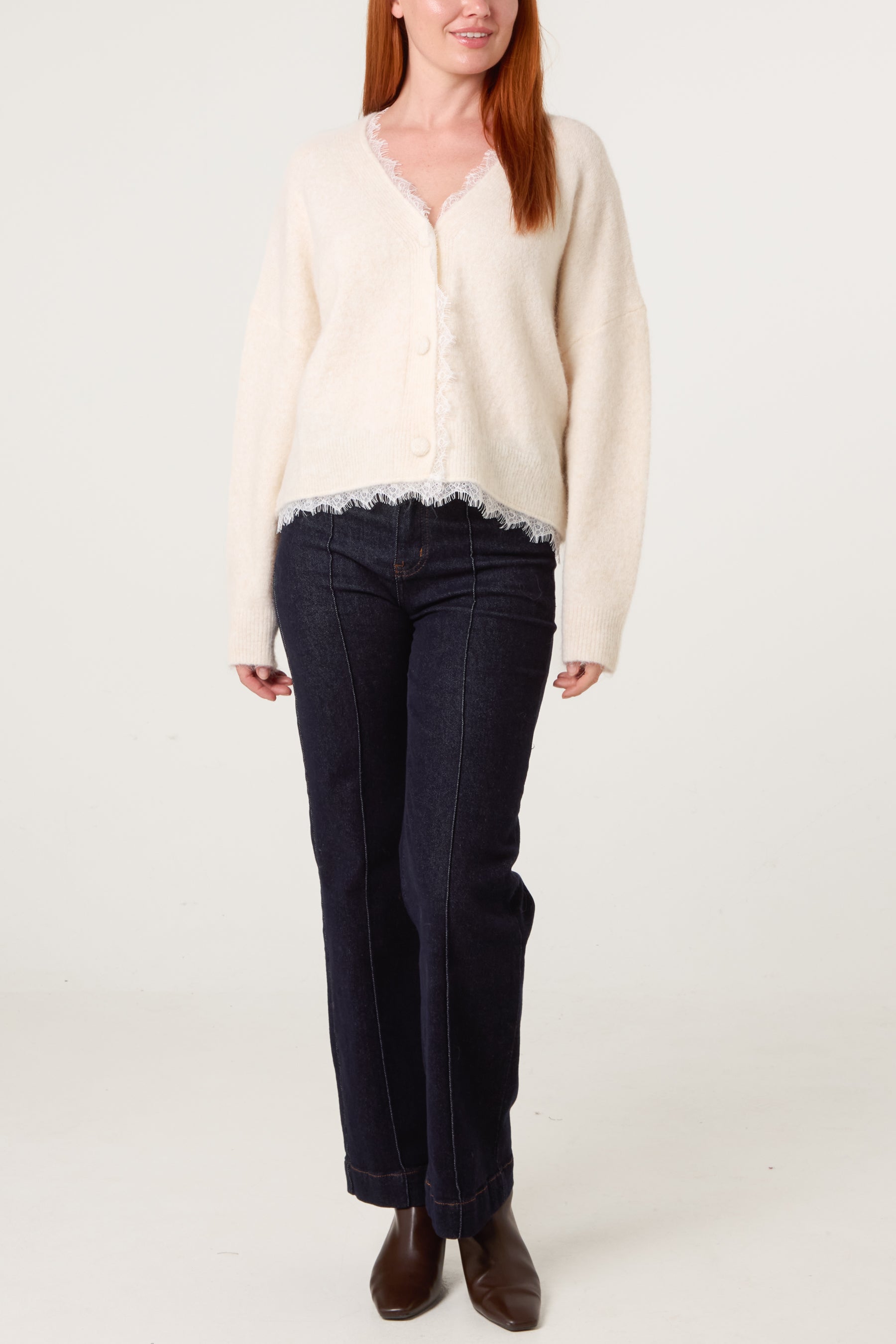 Lace Trimmed Button Through Knit Cardigan