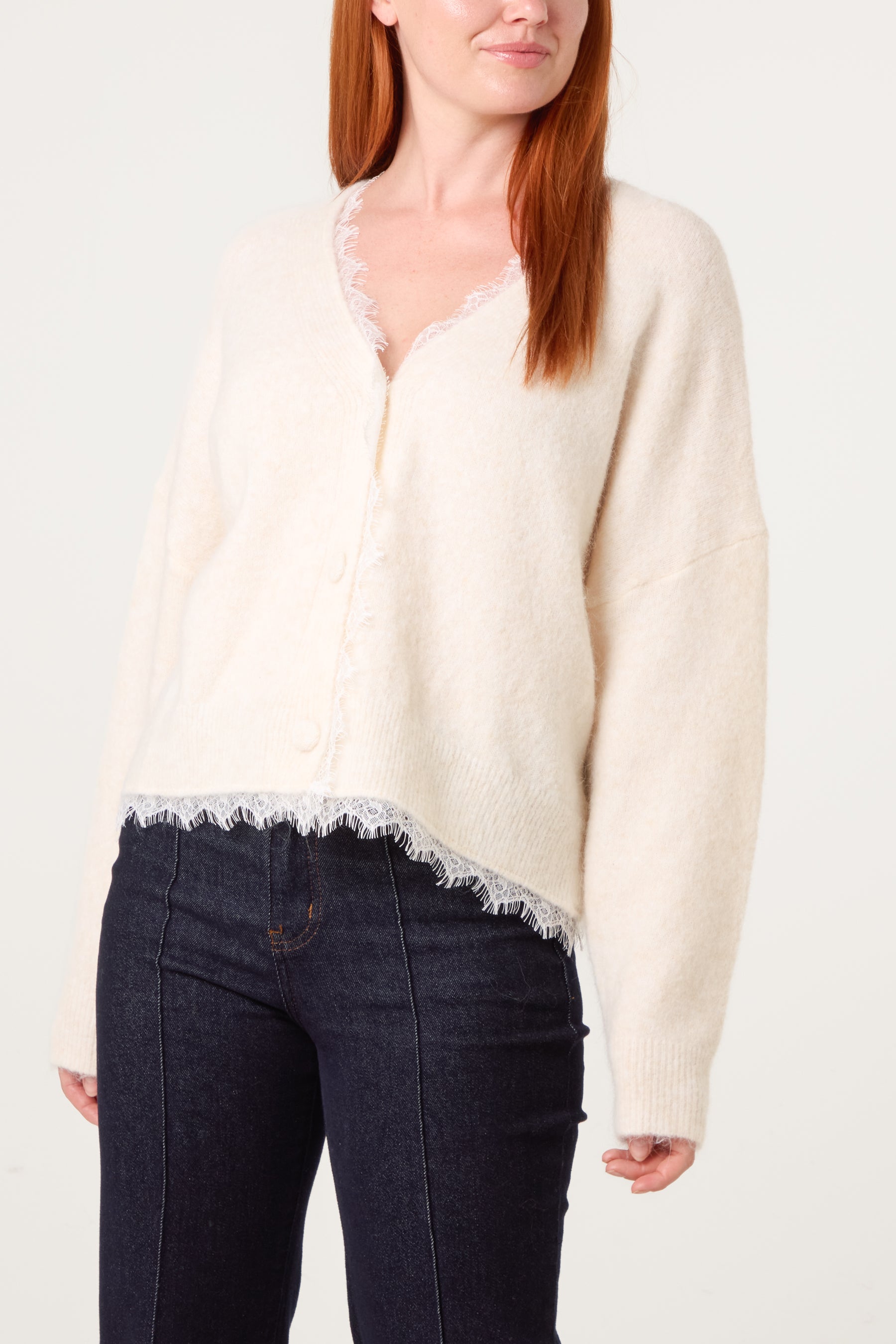 Lace Trimmed Button Through Knit Cardigan
