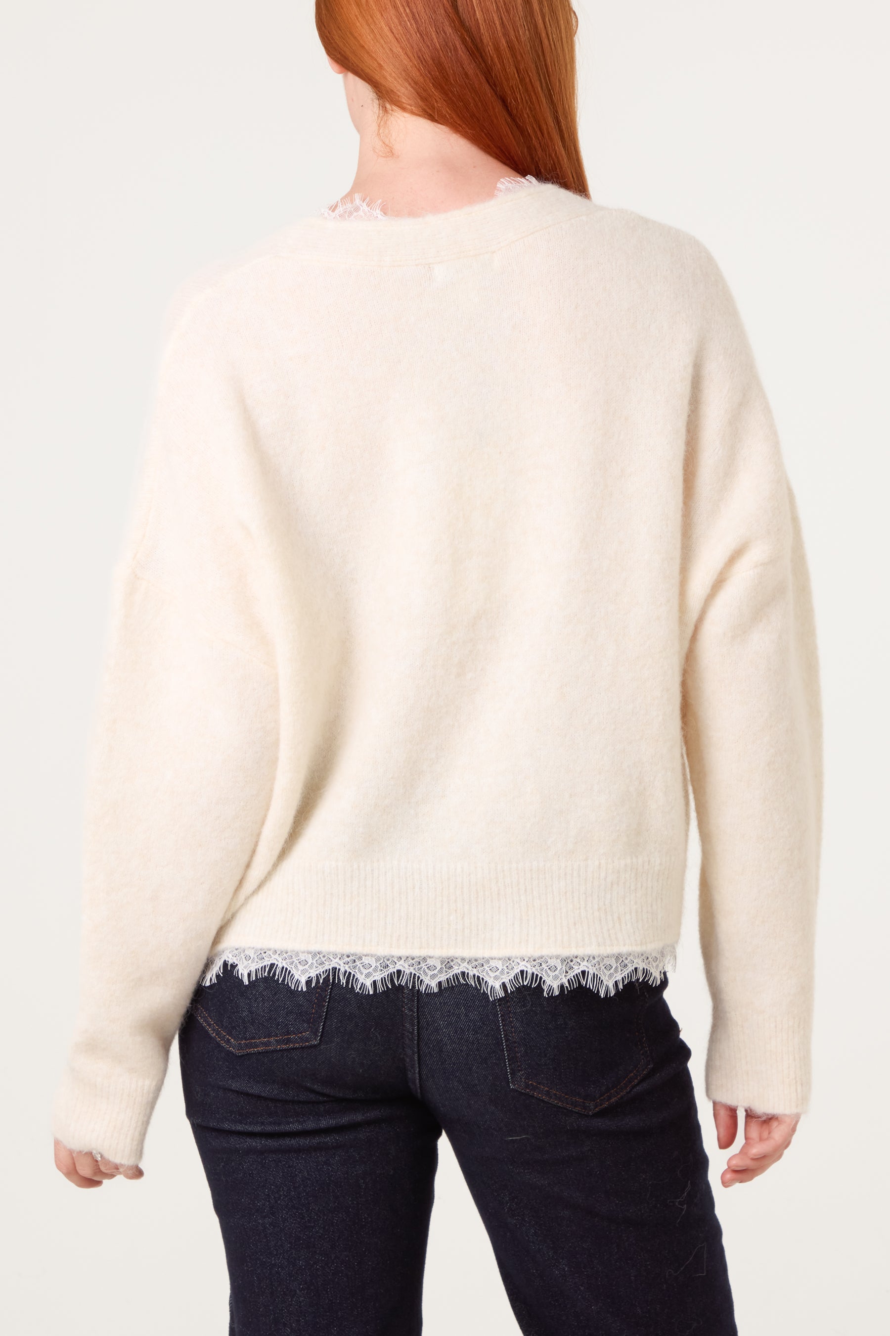 Lace Trimmed Button Through Knit Cardigan