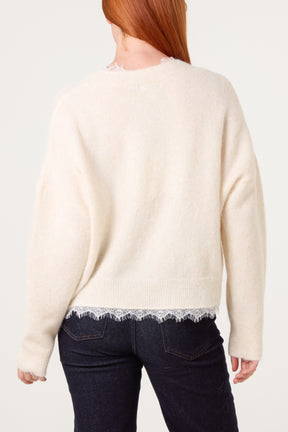 Lace Trimmed Button Through Knit Cardigan