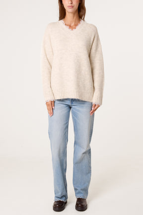V-Neck Lace Trim Knitted Jumper