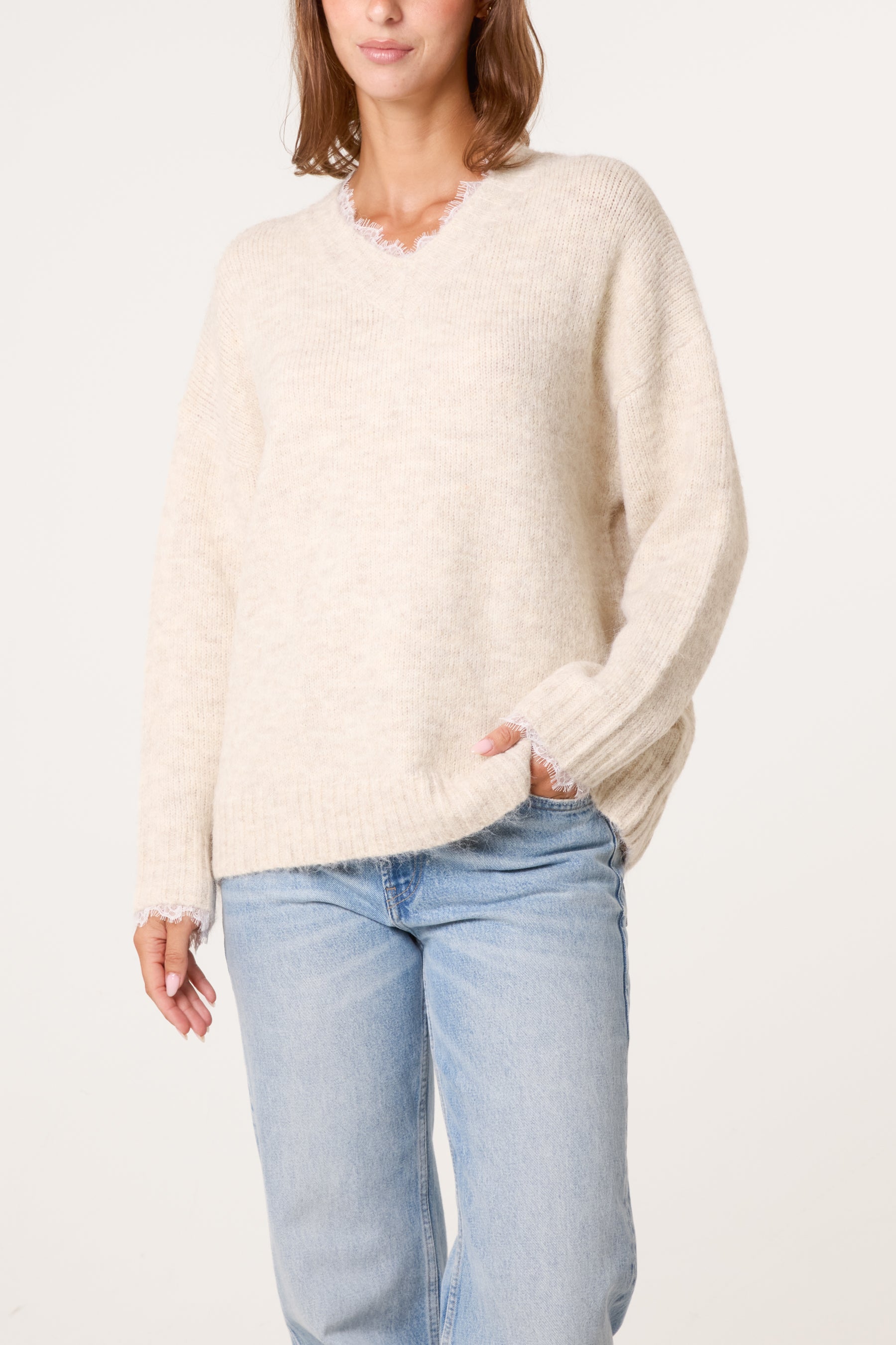 V-Neck Lace Trim Knitted Jumper