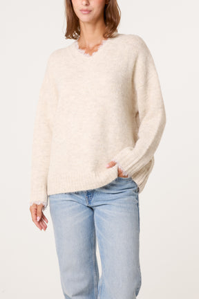 V-Neck Lace Trim Knitted Jumper