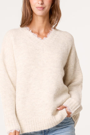 V-Neck Lace Trim Knitted Jumper