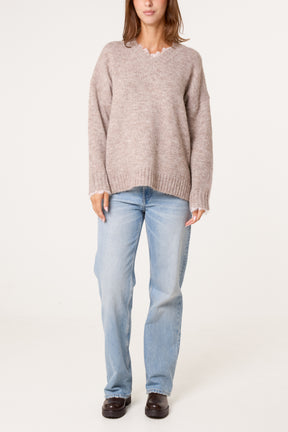 V-Neck Lace Trim Knitted Jumper