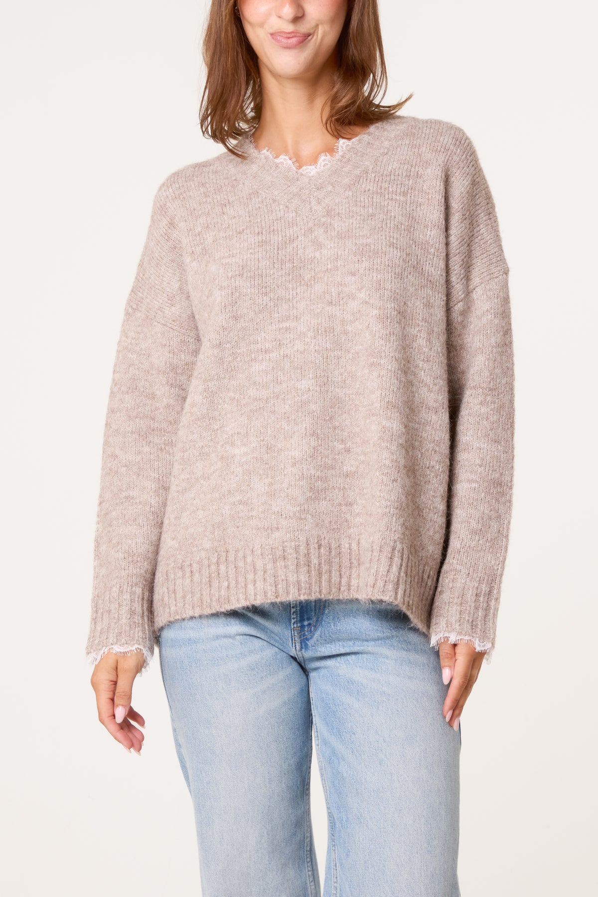 V-Neck Lace Trim Knitted Jumper
