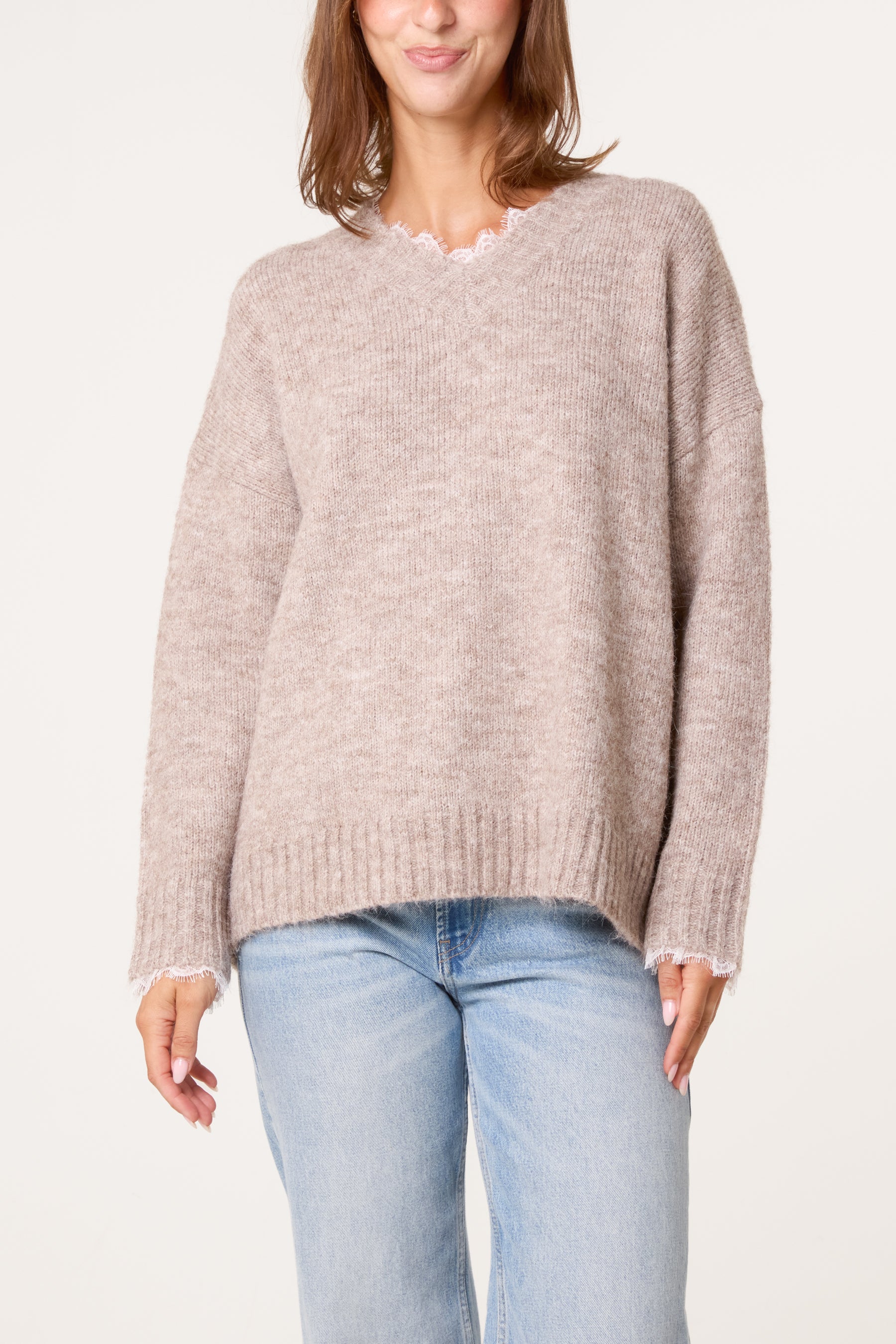 V-Neck Lace Trim Knitted Jumper