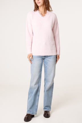 V-Neck Lace Trim Knitted Jumper