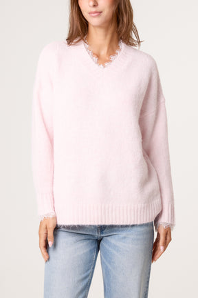 V-Neck Lace Trim Knitted Jumper