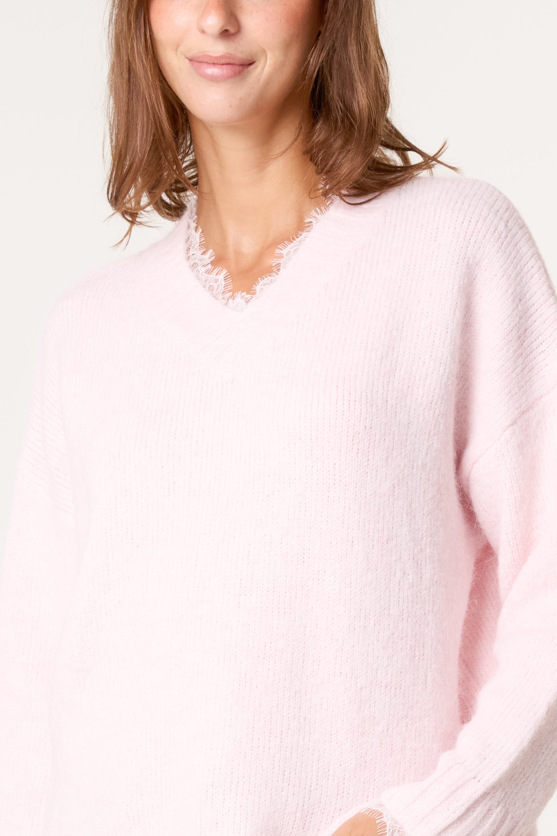 V-Neck Lace Trim Knitted Jumper