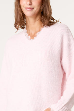 V-Neck Lace Trim Knitted Jumper