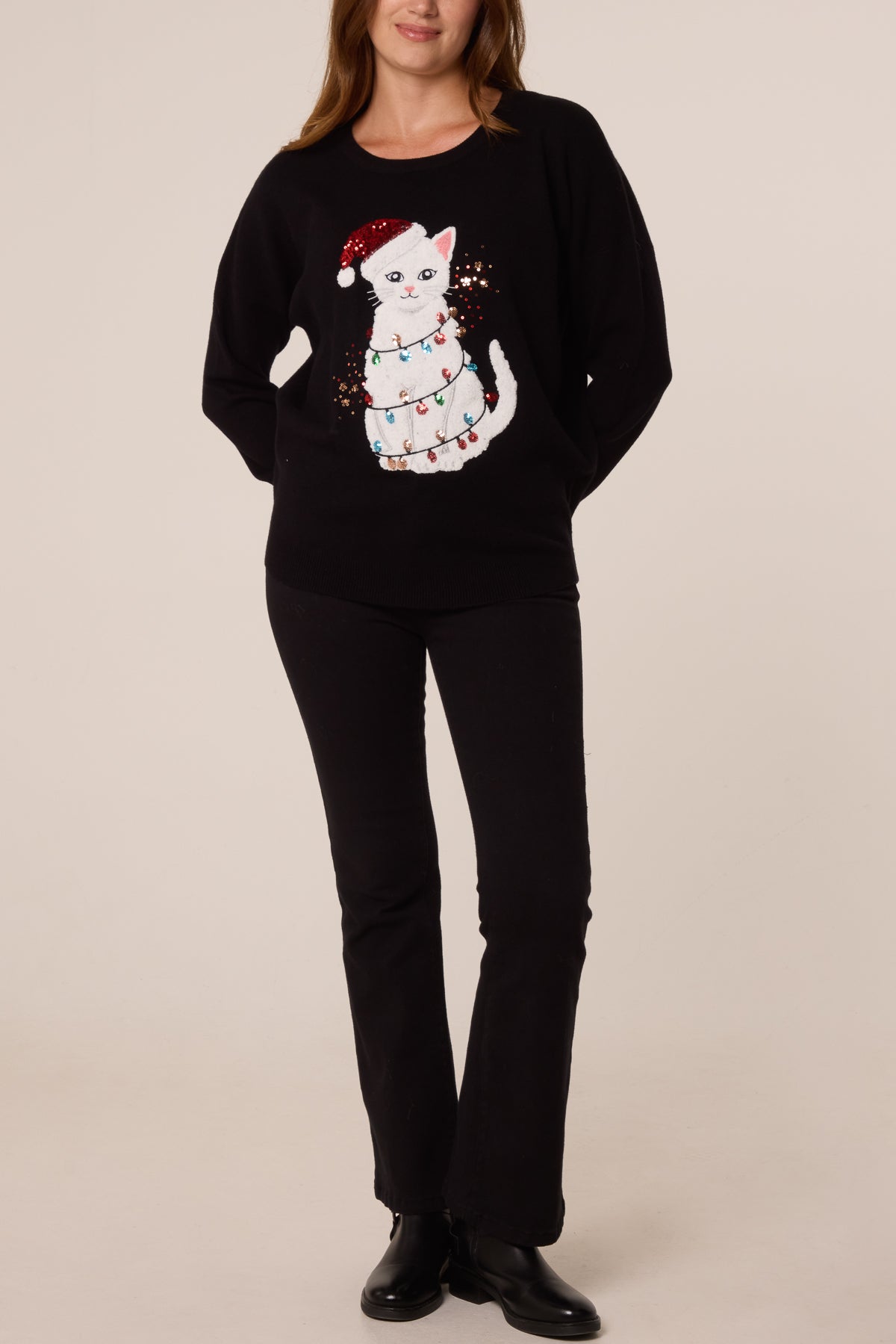 Sequin Detail Christmas Cat Jumper