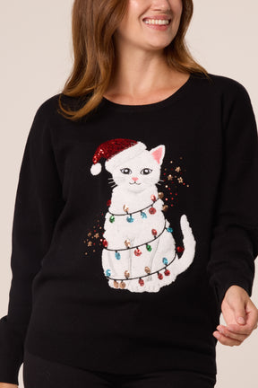 Sequin Detail Christmas Cat Jumper