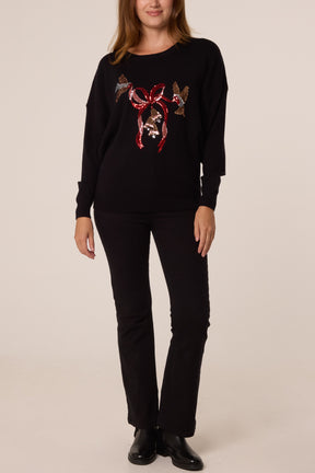 Festive Bow and Bells Sequin Christmas Jumper