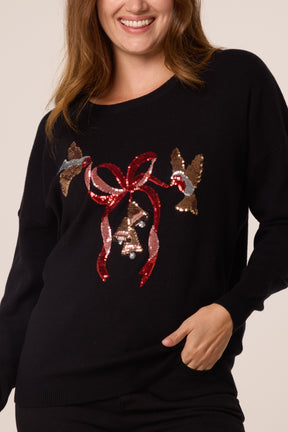 Festive Bow and Bells Sequin Christmas Jumper