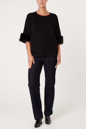 Faux Fur Sleeve Cuff Knit Jumper