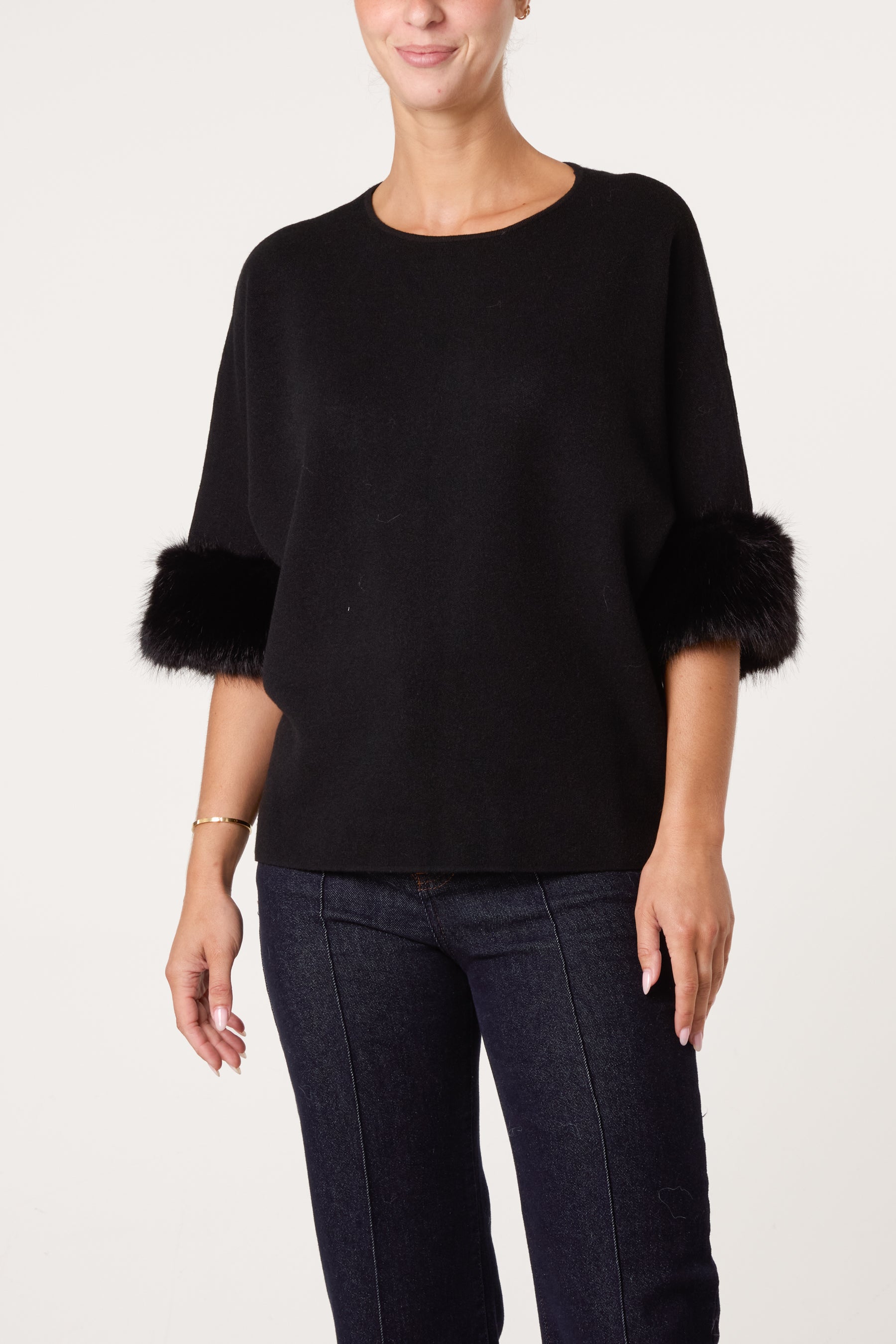 Faux Fur Sleeve Cuff Knit Jumper