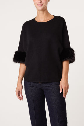 Faux Fur Sleeve Cuff Knit Jumper