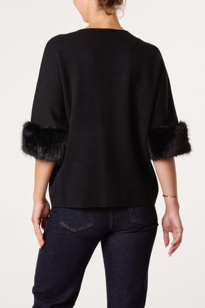 Faux Fur Sleeve Cuff Knit Jumper