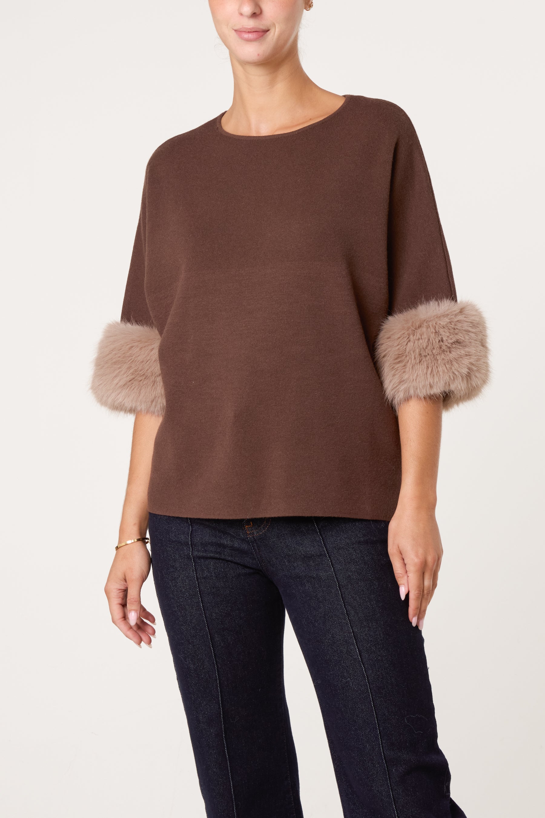 Faux Fur Sleeve Cuff Knit Jumper