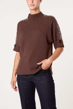 High Neck Embellished Knit Jumper