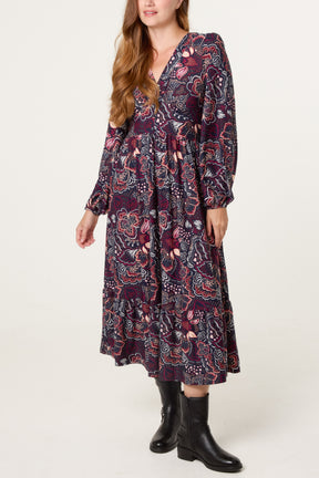 Button Front V Neck Floral Midi Dress