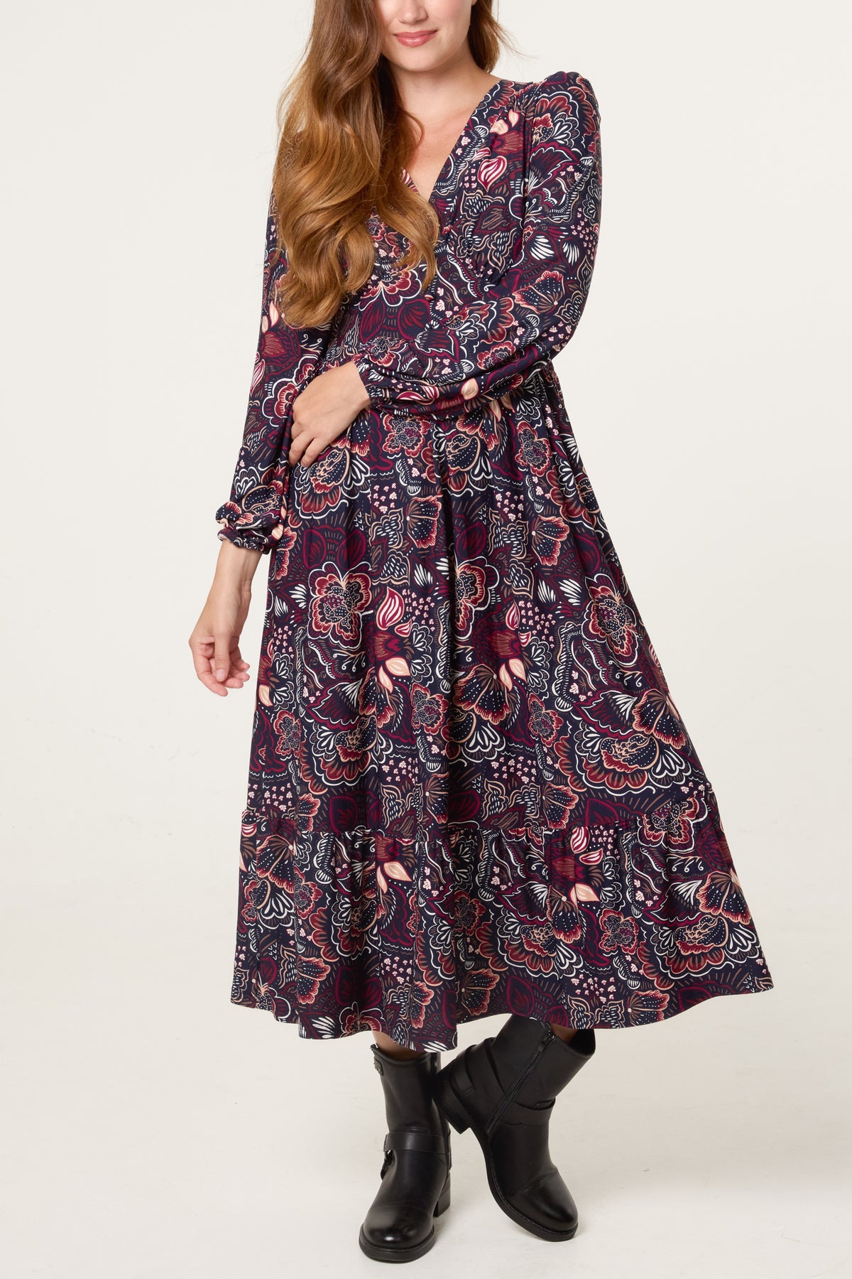Button Front V Neck Floral Midi Dress