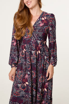 Button Front V Neck Floral Midi Dress