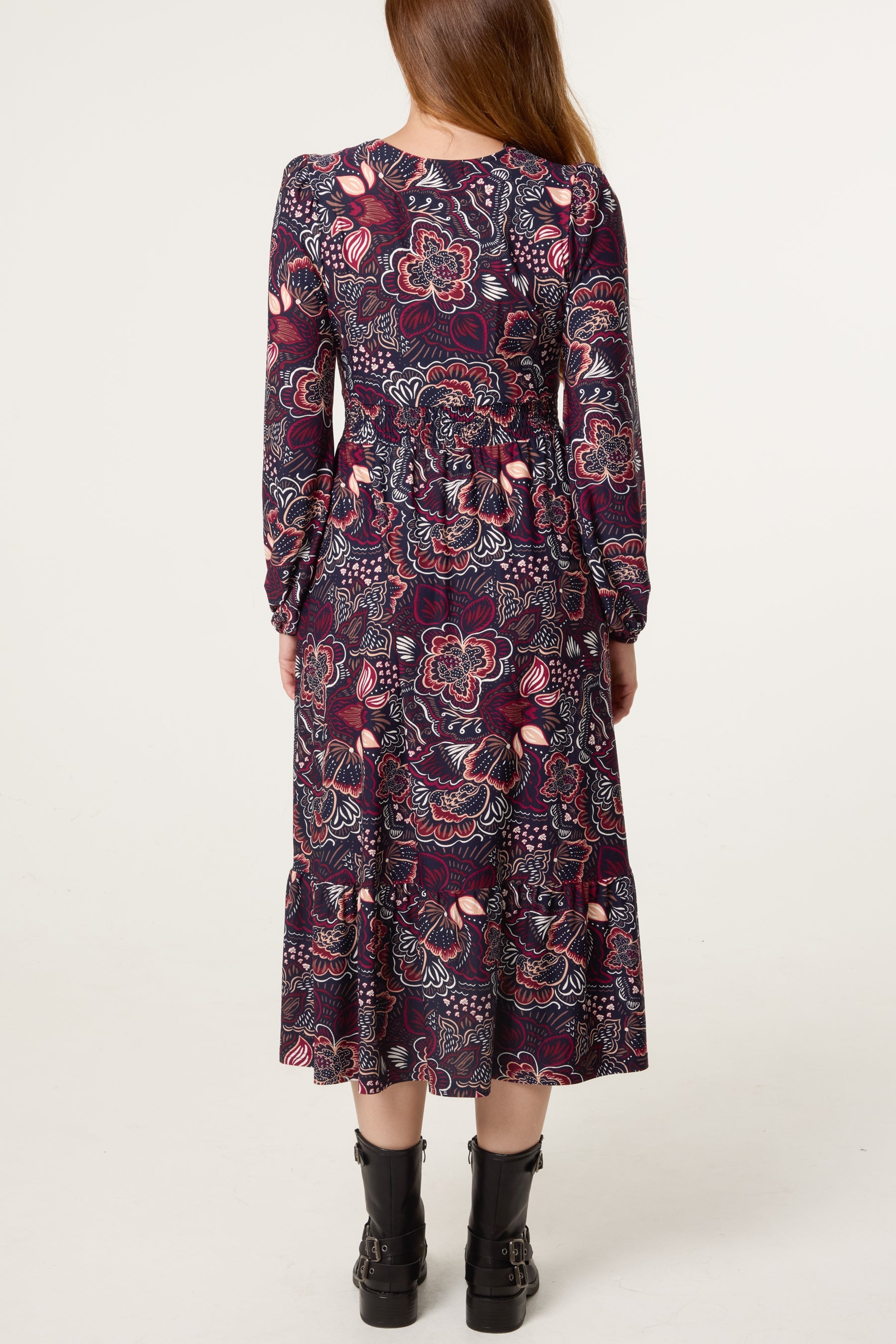 Button Front V Neck Floral Midi Dress