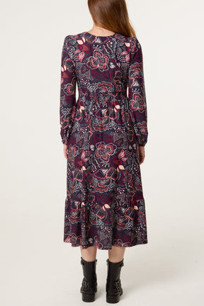 Button Front V Neck Floral Midi Dress
