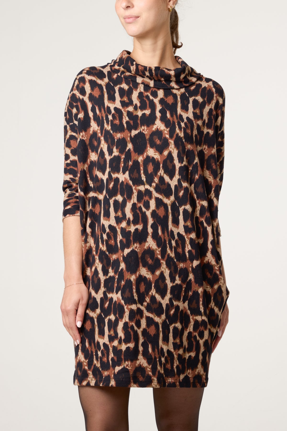 Draped Cowl Neck Leopard Print Dress
