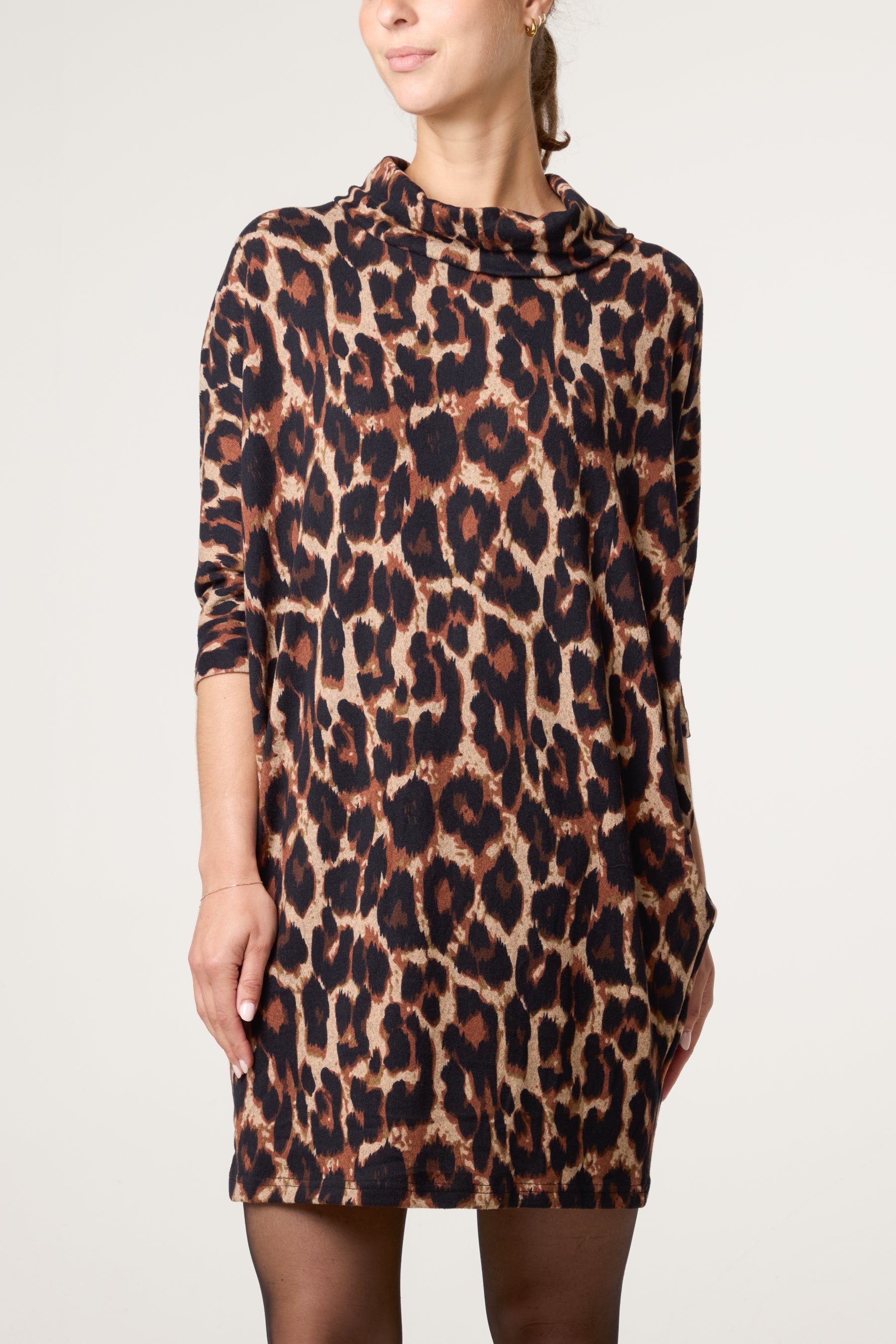 Draped Cowl Neck Leopard Print Dress
