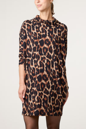 Draped Cowl Neck Leopard Print Dress